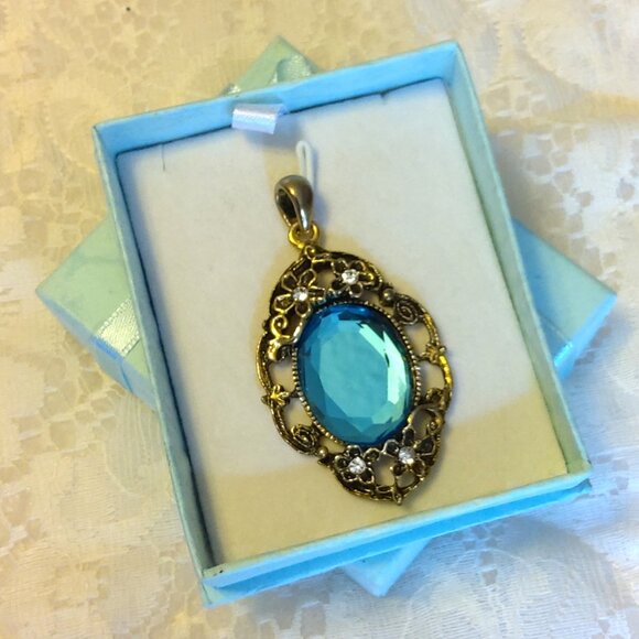 Vintage Blue Crystal Large Floral Copper Pendant Timeless Vtg Pendant - Picture 7 of 7